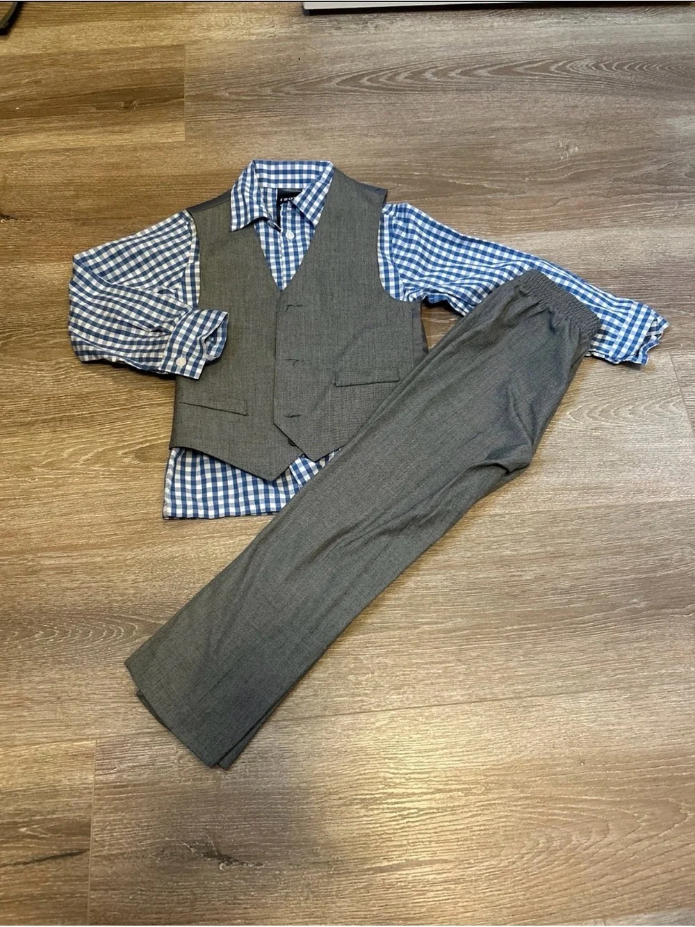 Izod Boys Gray Vest & Pants with Blue Gingham Shirt Set